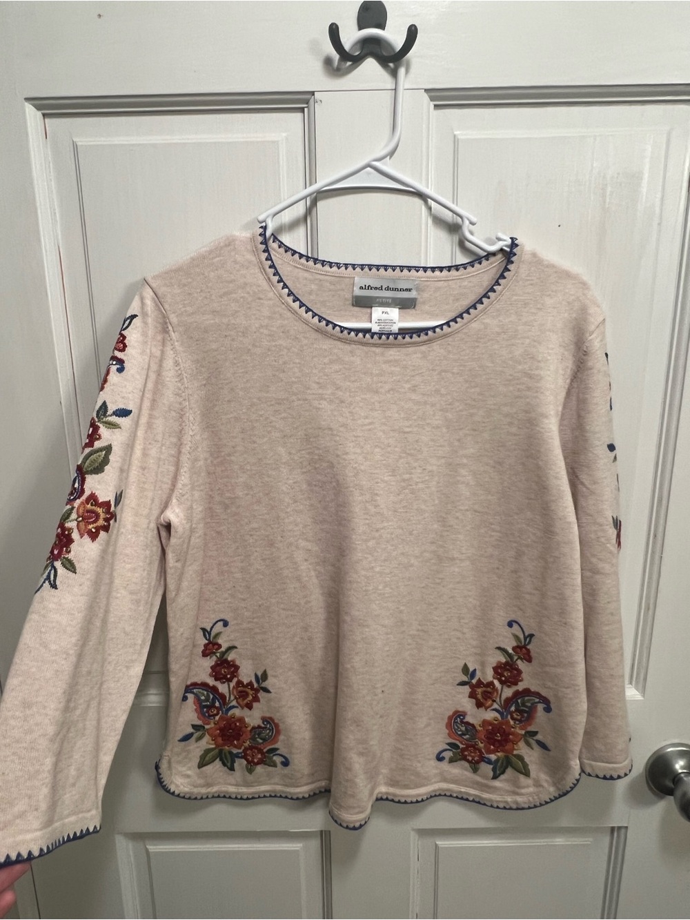 Alfred Dunner Cream Long-Sleeve Top with Multicolor Floral Embroidery